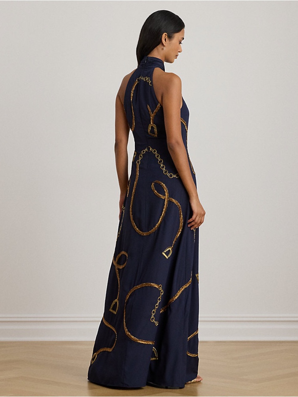 Ralph Lauren Belting Motif Sequined Crepe Halter Gown - Picture 3 of 8
